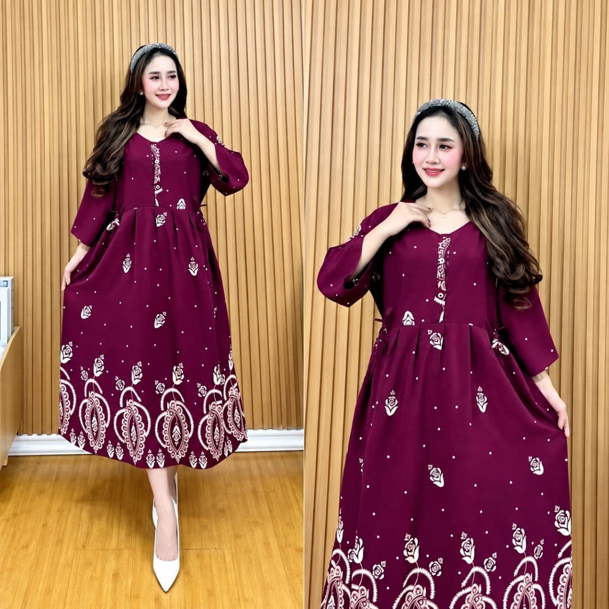 Moka Dress Tulip Resleting Motif Pita Resleting Depan Bahan Rayon Premium