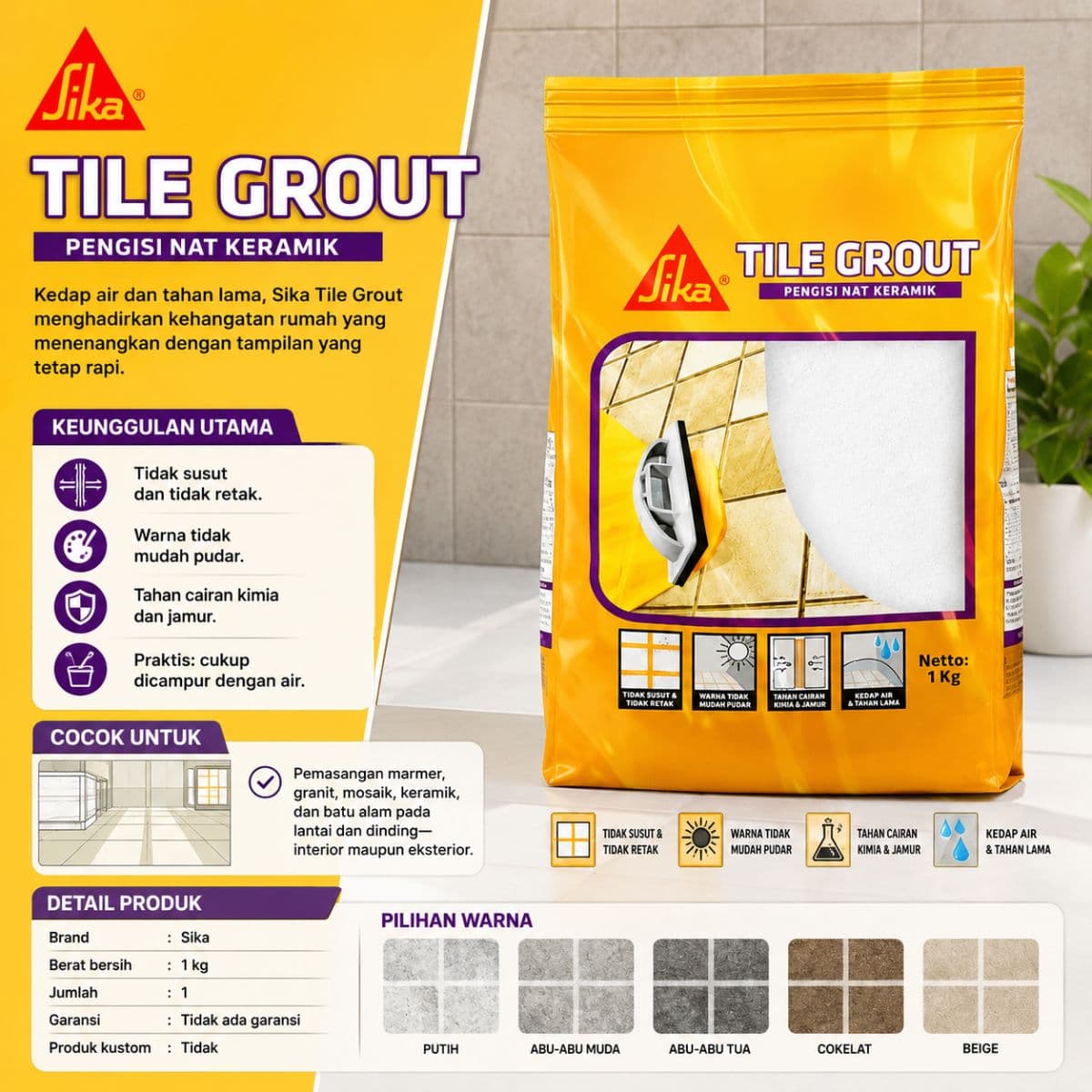 Sika Tile Grout 1Kg Pengisi Celah Nat Keramik Marmer Granit