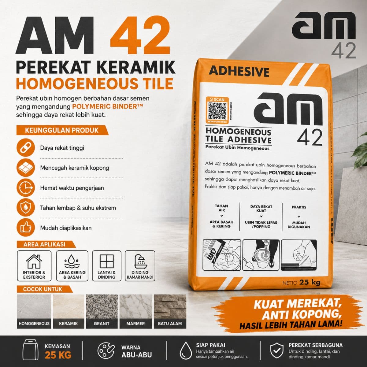 Perekat Granite Tile AM 42 25kg - Instan & Hemat Waktu