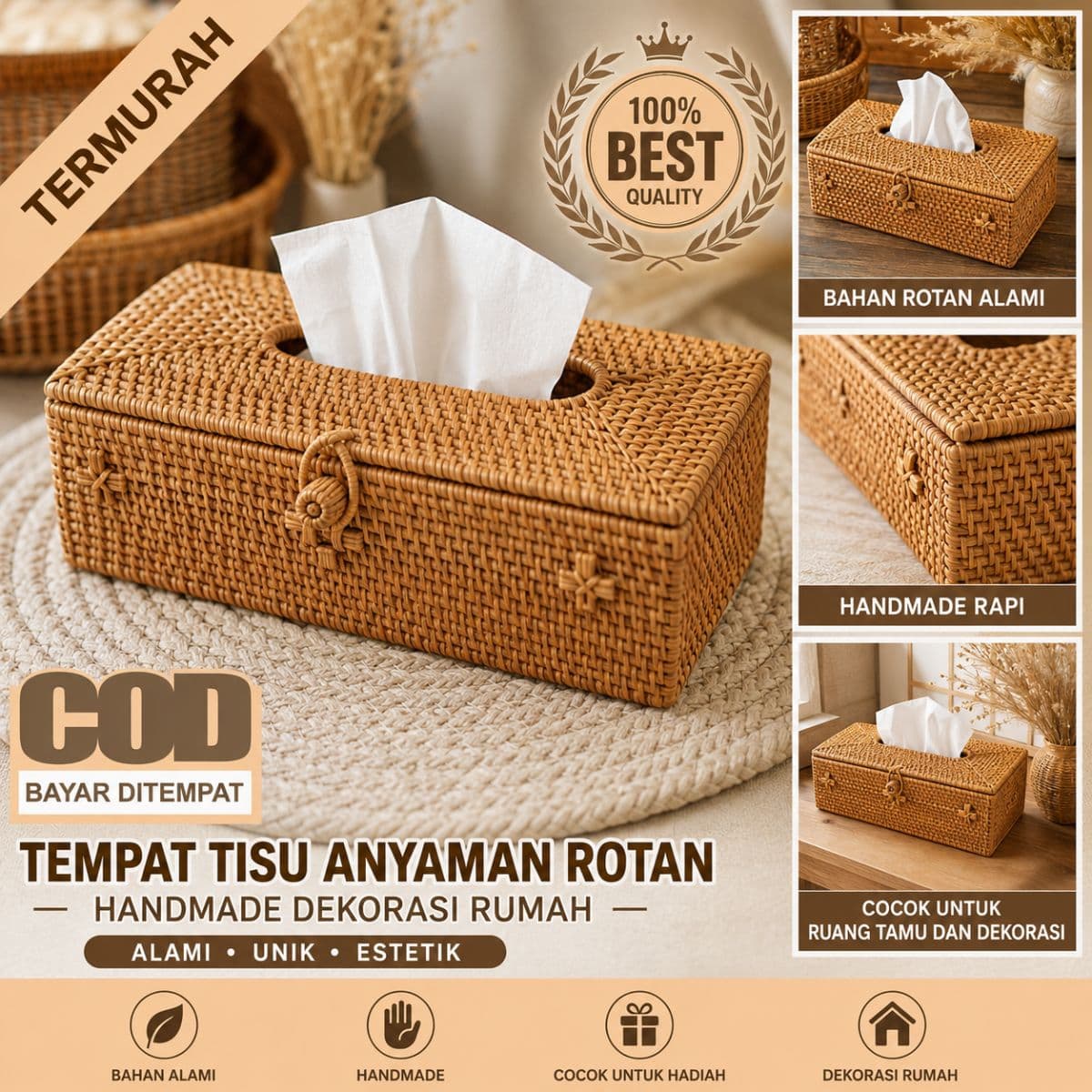 Tempat Tisu Anyaman Rotan Handmade Dekorasi Rumah Estetik