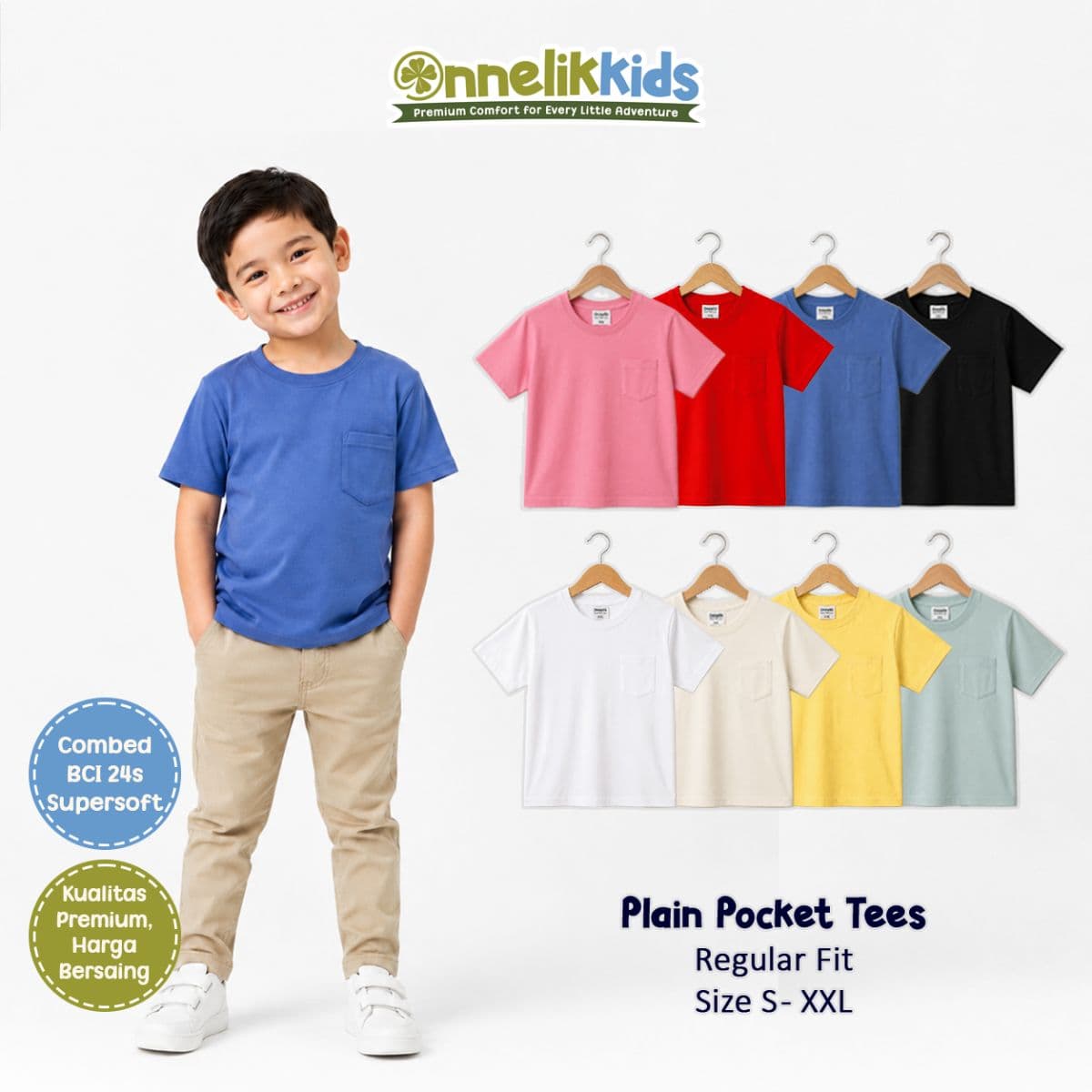 ONNELIKKIDS Kaos Polos Saku Anak Laki-Laki Perempuan 1-12 Tahun Regular Fit Cotton Combed BCI 24s Supersoft