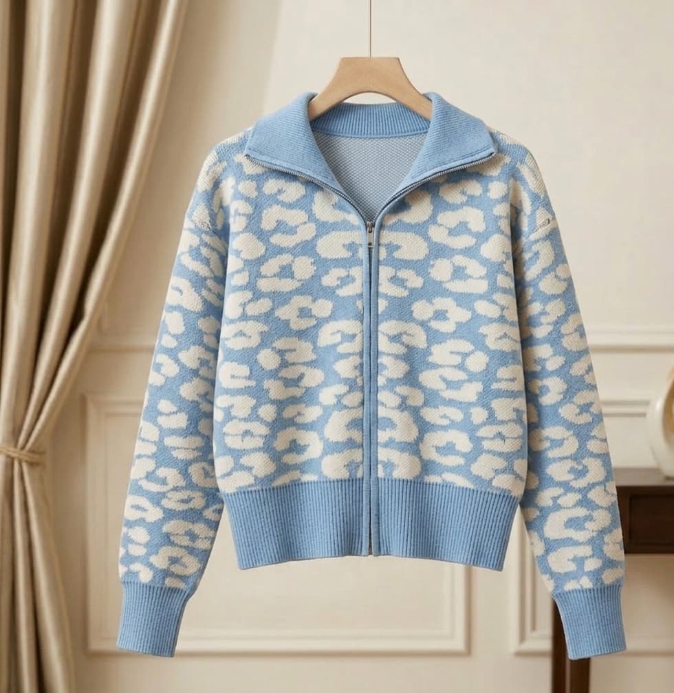 Cardigan Rajut Wanita Resleting Motif Leopard Korean Style / Outerwear Knitwear Casual