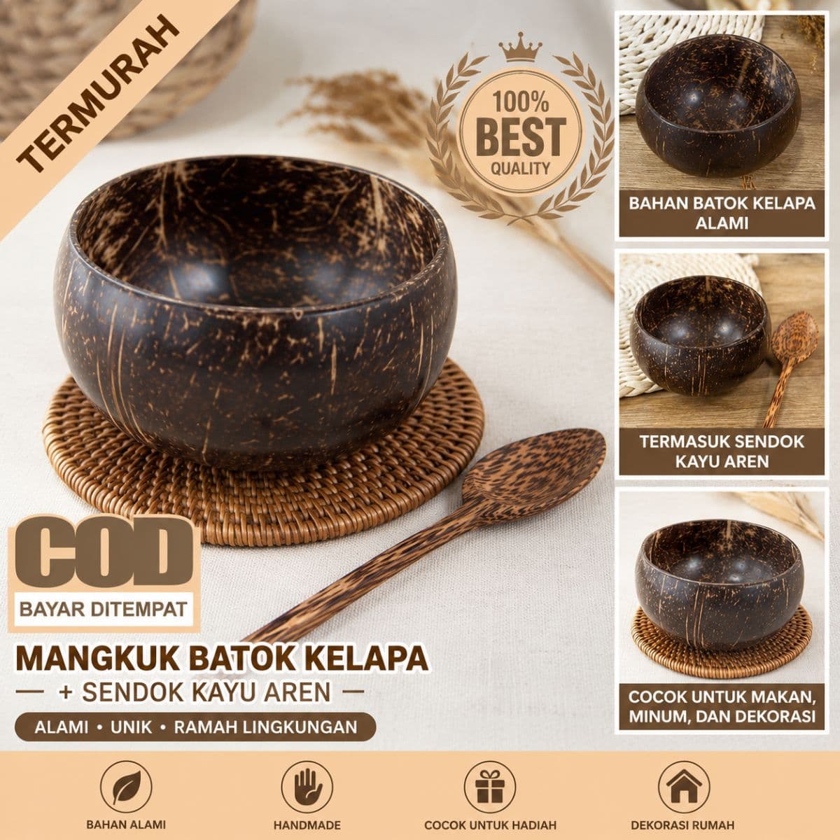 Mangkok Batok Kelapa Handmade + Sendok Kayu Aren Kerajinan Alami Unik