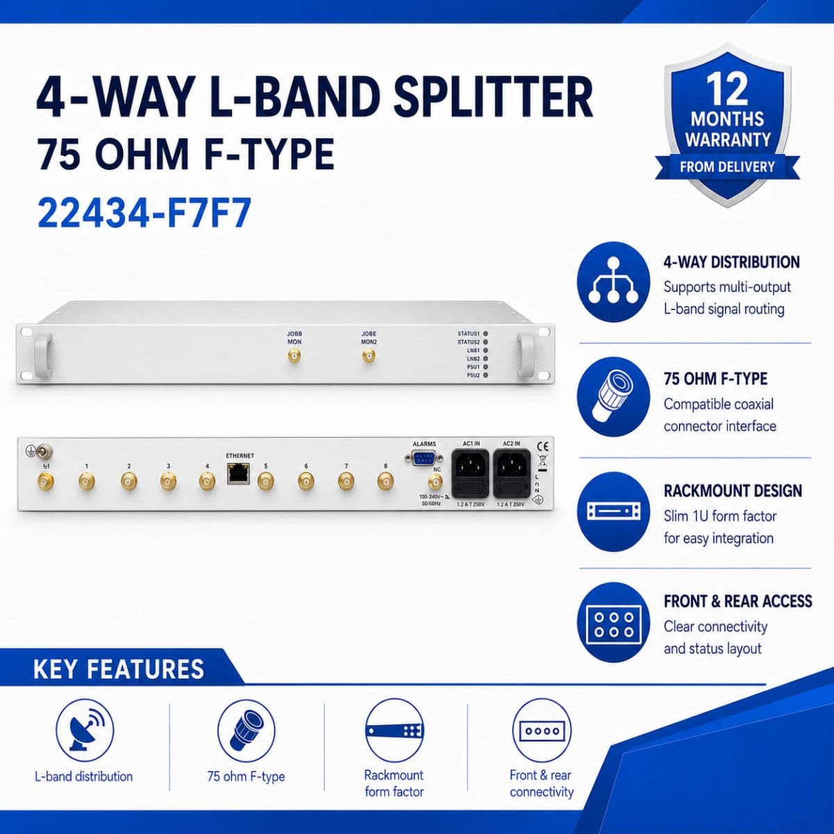 4-way L-band Splitter, 75 ohm F-type 22434-F7F7