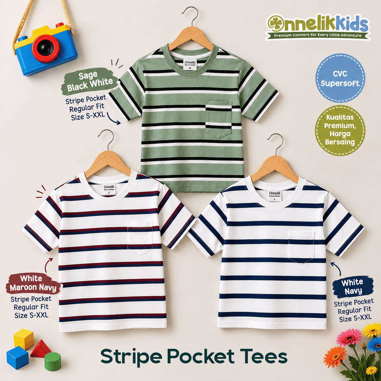 ONNELIKKIDS Kaos Salur Saku Anak Laki-Laki Perempuan 1-12 Tahun Regular Fit CVC 24s & 30s Supersoft Kaos Stripe Pocket Premium