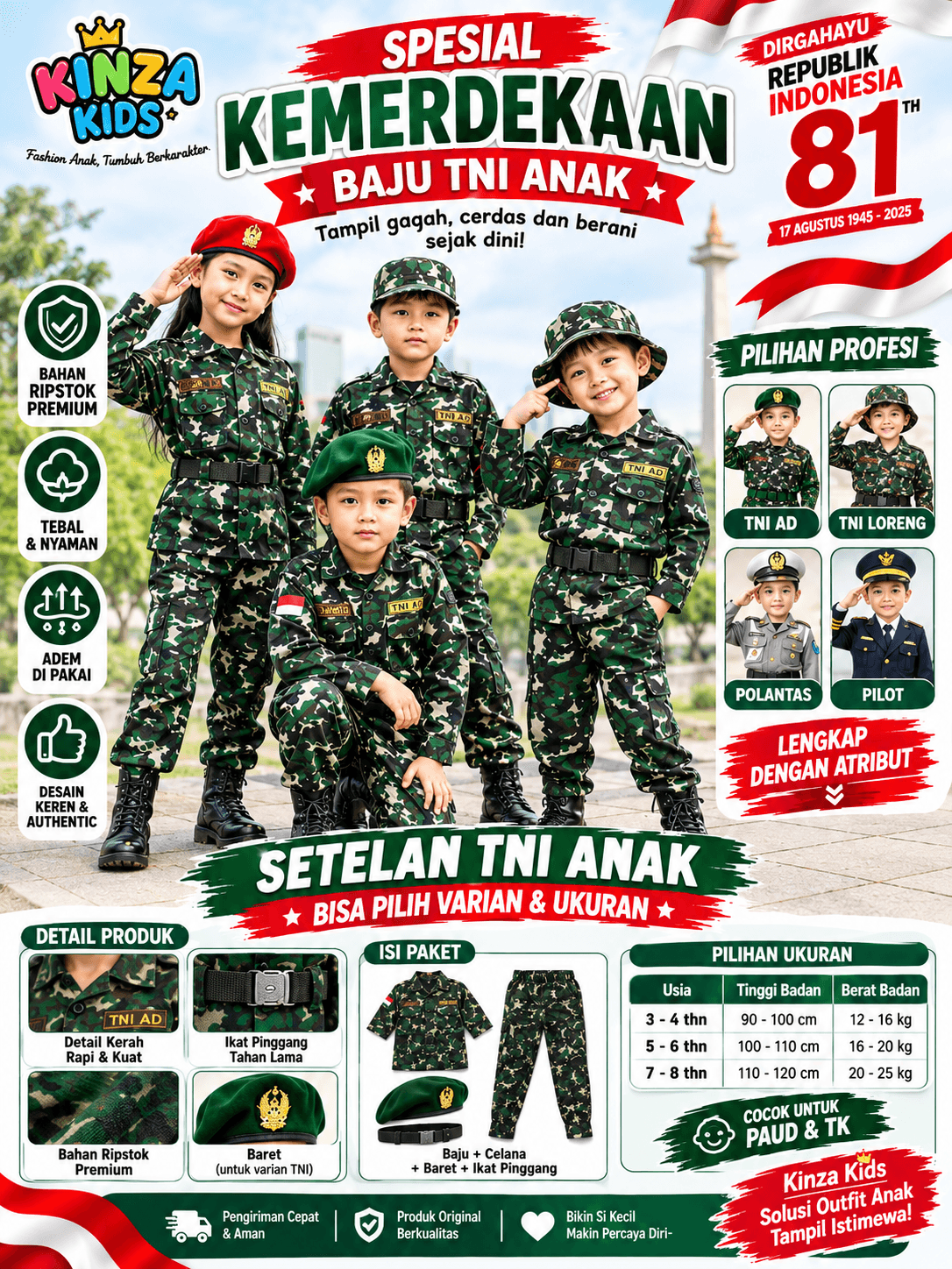 Seragam TNI Loreng Anak Lengkap Aksesori Bahan Drill