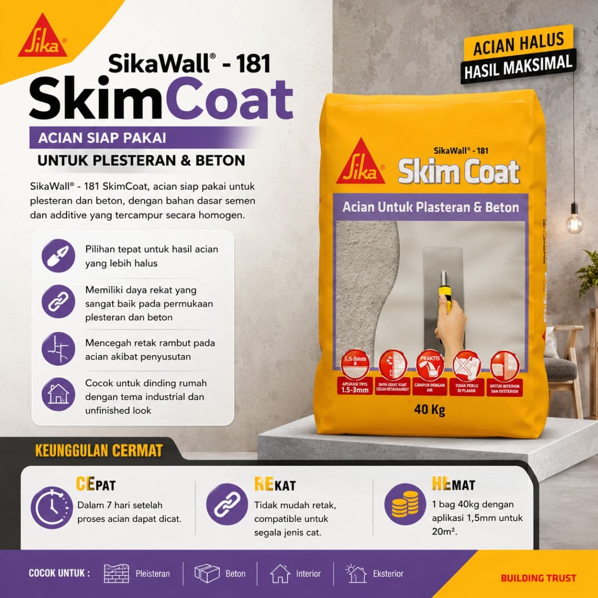 Sika Wall 181 Skimcoat Plaster Acian 40 KG Terbaik