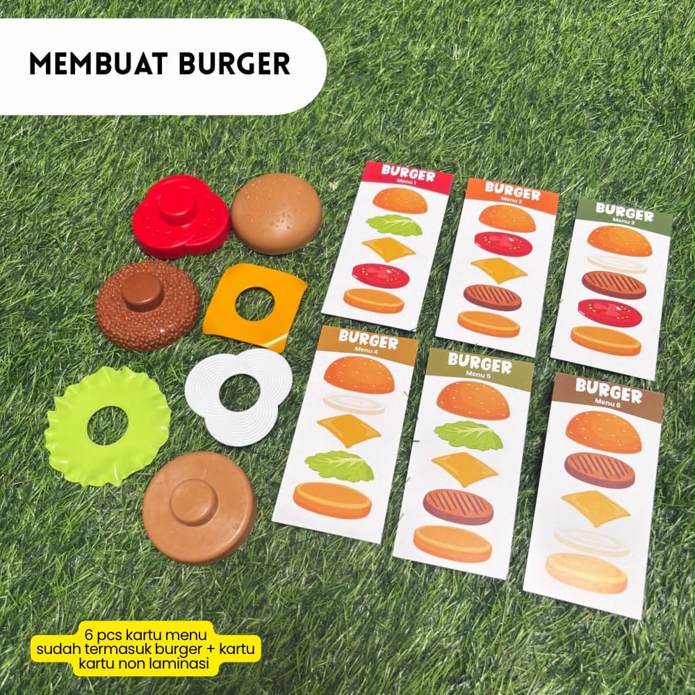 Mainan Burger Anak Edukasi + Kartu Menu 6pcs | Pretend Play Membuat Burger | Montessori Cooking Toymai