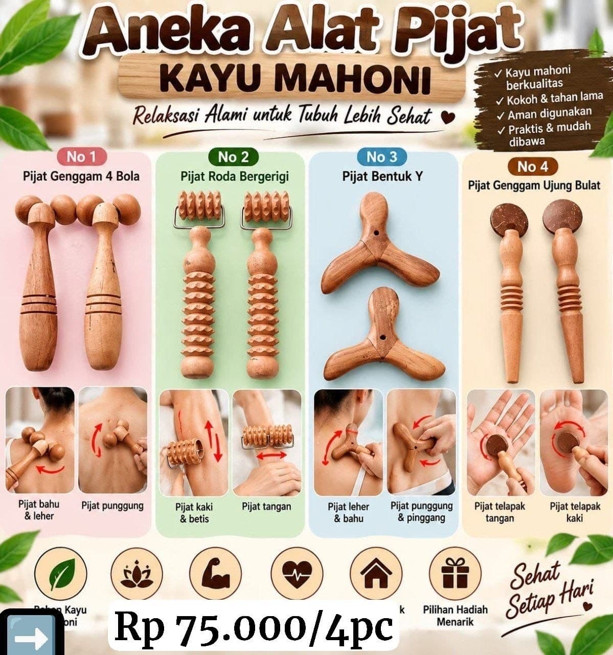 Set Alat Pijat Relaksasi Kayu Mahoni