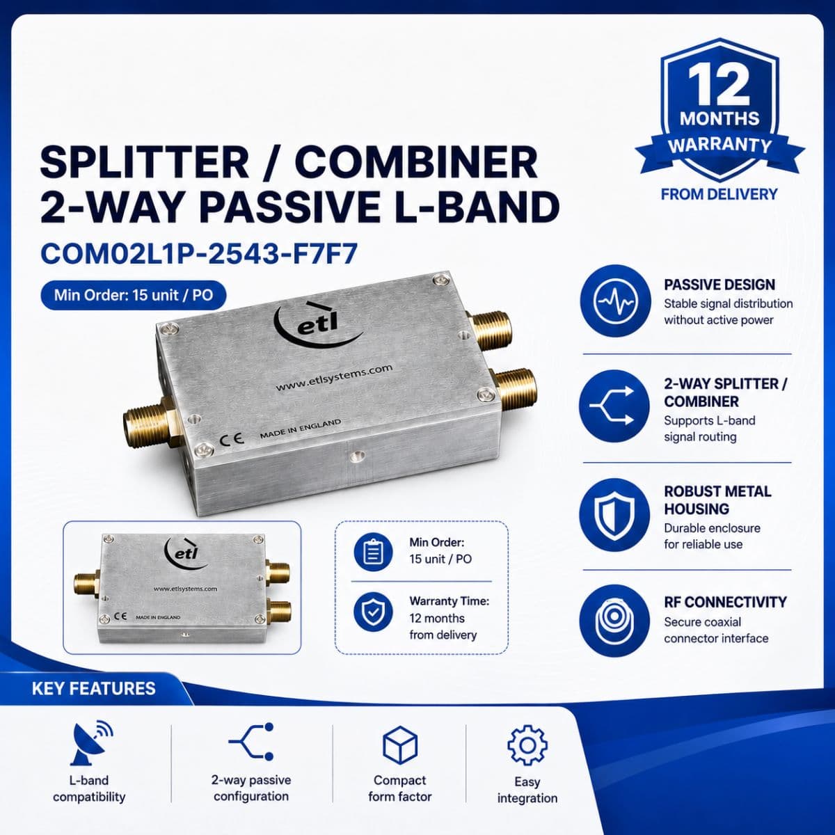 Splitter/Combiner 2-Way L-Band COM02L1P untuk Sinyal Optimal