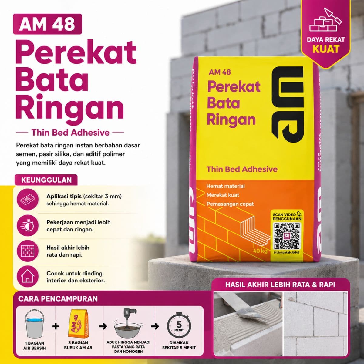 AM 48 Semen Perekat Bata Ringan Instan - Daya Rekat Tinggi