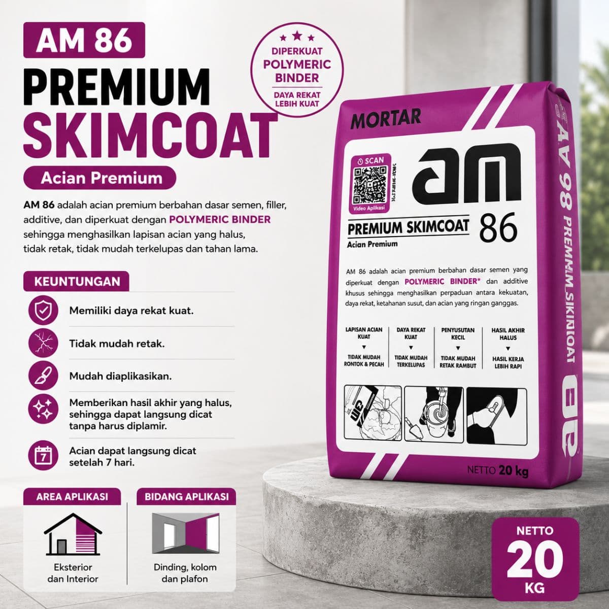 AM 86 Premium Skim Coat Acian untuk Beton dan Plester 20KG